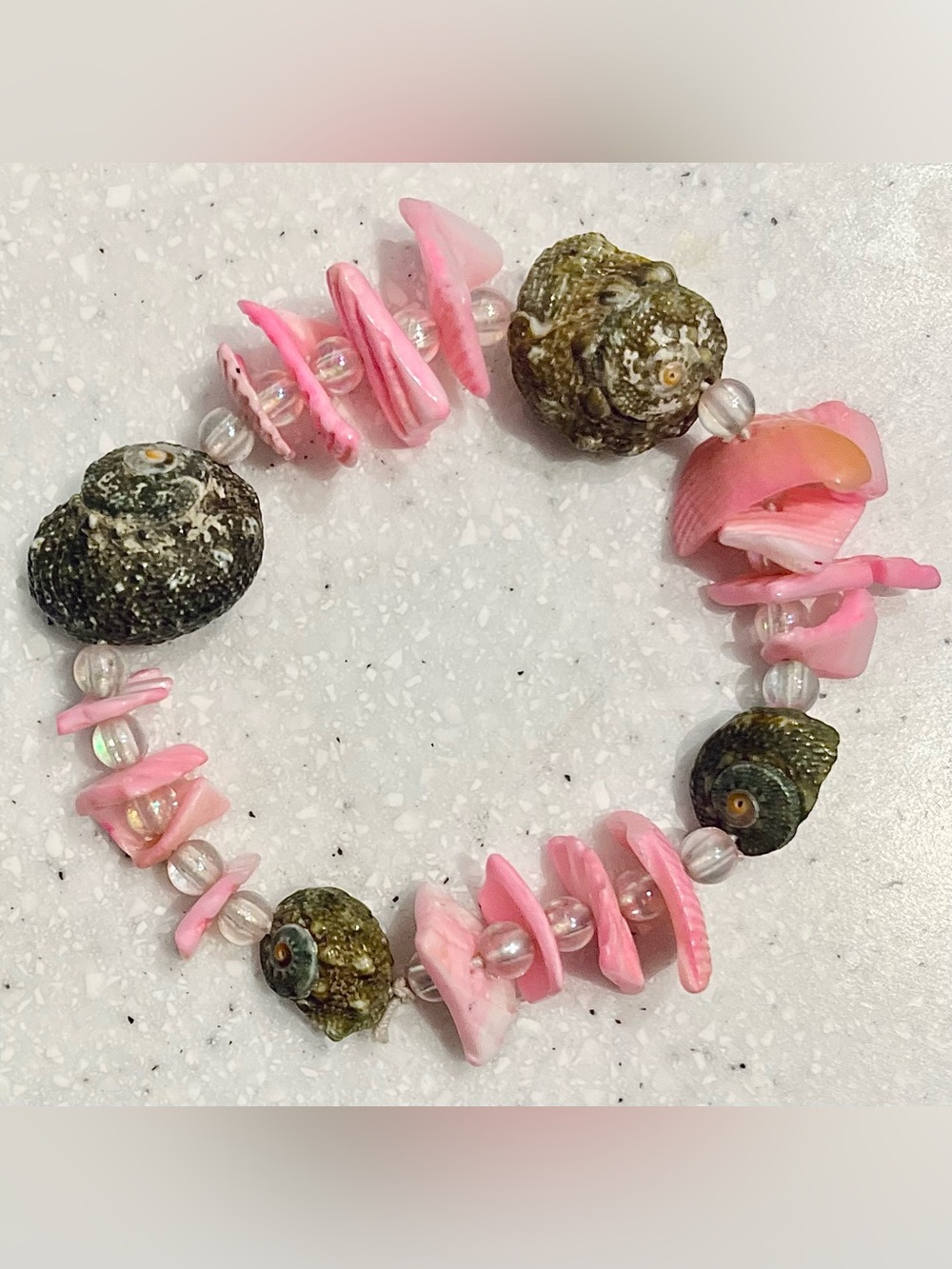 Handmade Pink Shell and Sea Snail Beaded Stretch Bracelet
